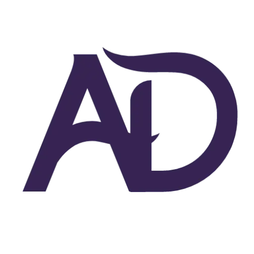 Alche(me) Divine logo featuring the letters 'AD' in dark purple font color, symbolizing creativity and spiritual connection.