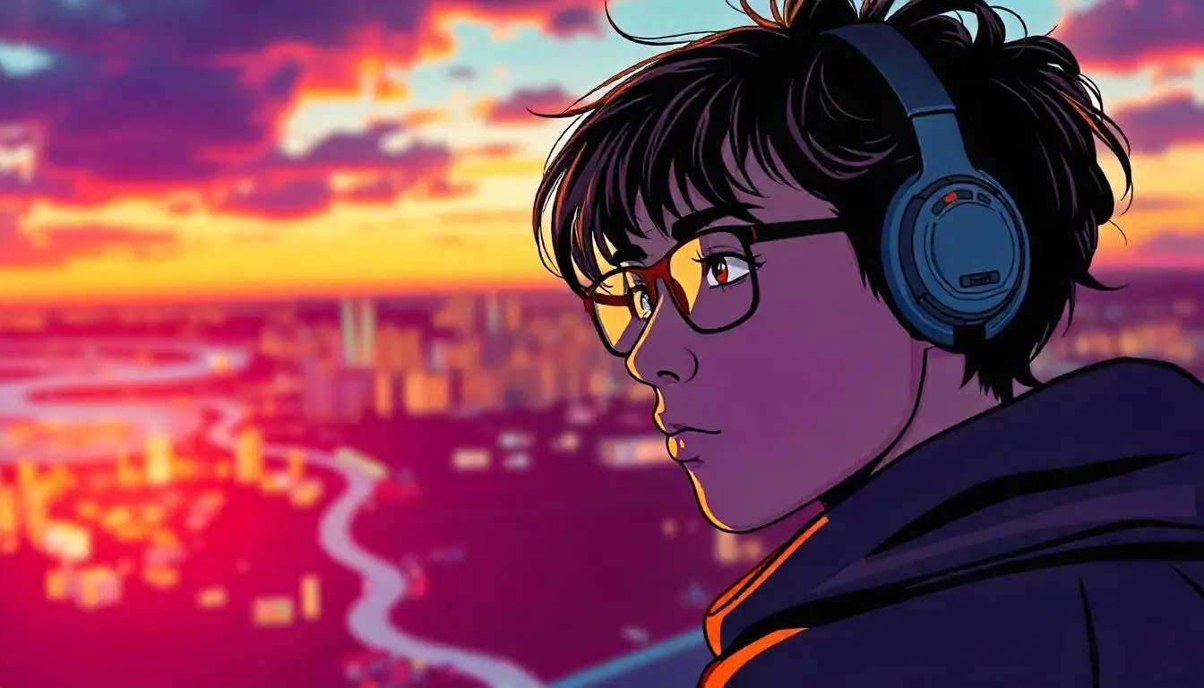 An empathic person with glasses looking out over the city scape with headphones on as if to quiet the noise of the world around them to navigate life as a highly sensitive person.