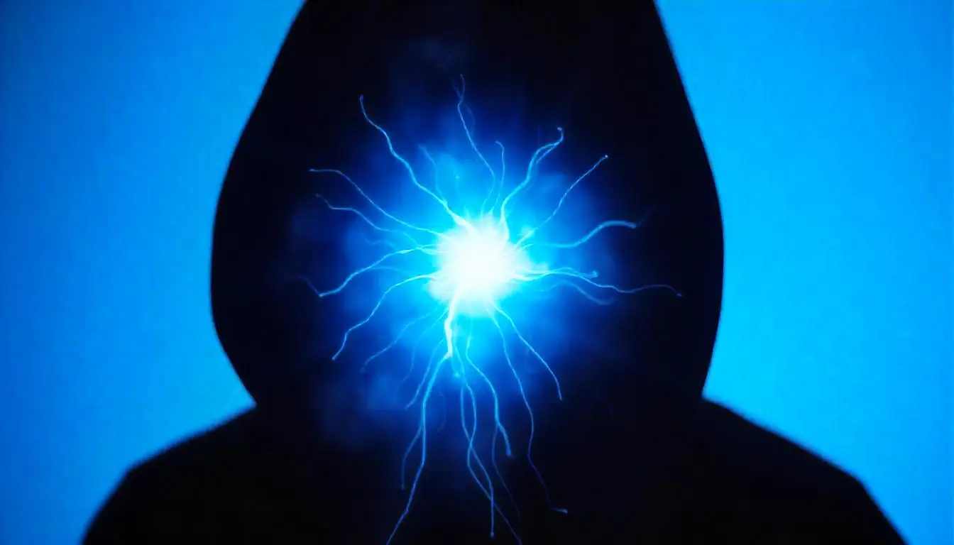 A dark hooded figure with an energy light source glowing with intense vibration in the center of the cloak hood depicting one's reality is shaped and created based on the vibration you hold.