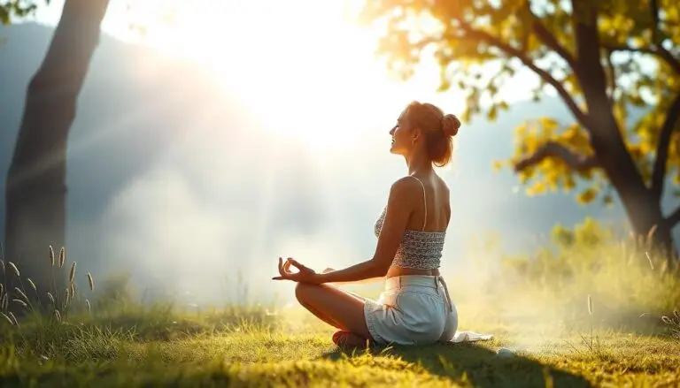 A woman sitting on the grass in the forest under the warmth and light of the sun with her legs crossed in a meditative position and a subtle smile on her face practicing manifestation techniques.