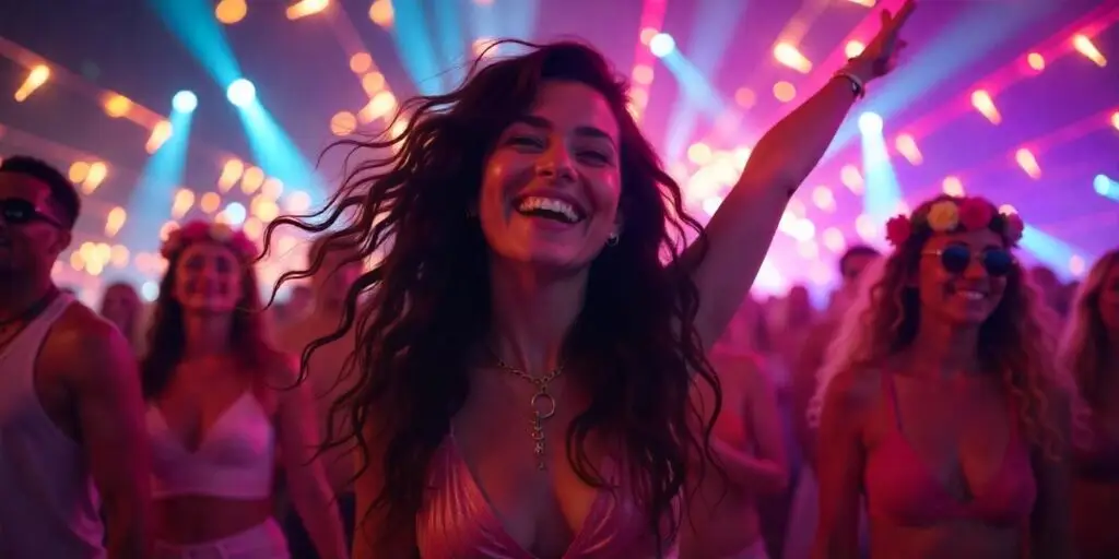 A serene image of an empath dancing joyfully at an electronic music festival, surrounded by colorful lights and an uplifting crowd, symbolizing healing and emotional release.