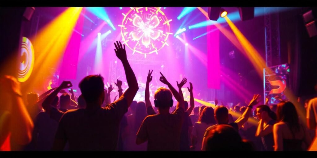 A vibrant scene from an electronic music festival, showcasing a diverse group of friends dancing joyfully together under colorful lights and visual projections, embodying the energy and sense of community fostered by electronic music for empaths.