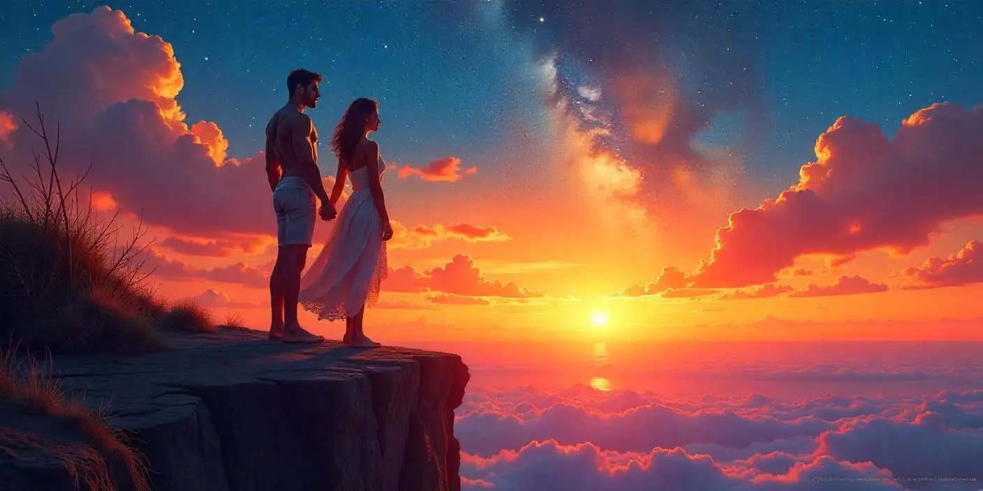 Two soulmates holding hands at the edge of a cliff, overlooking the clouds during a peaceful sunset, representing soul connections and deep spiritual unity.