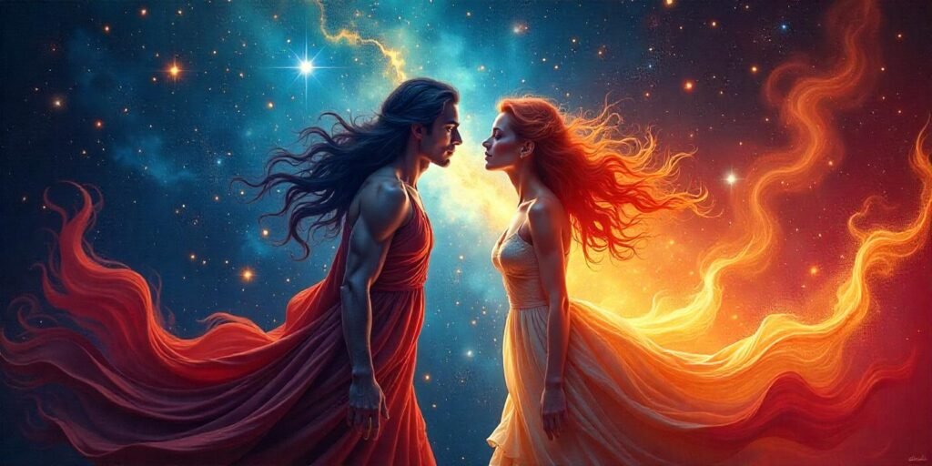 Two ethereal figures facing each other against a cosmic background filled with stars and galaxies, symbolizing the deep and transformative soul connections of twin flames.